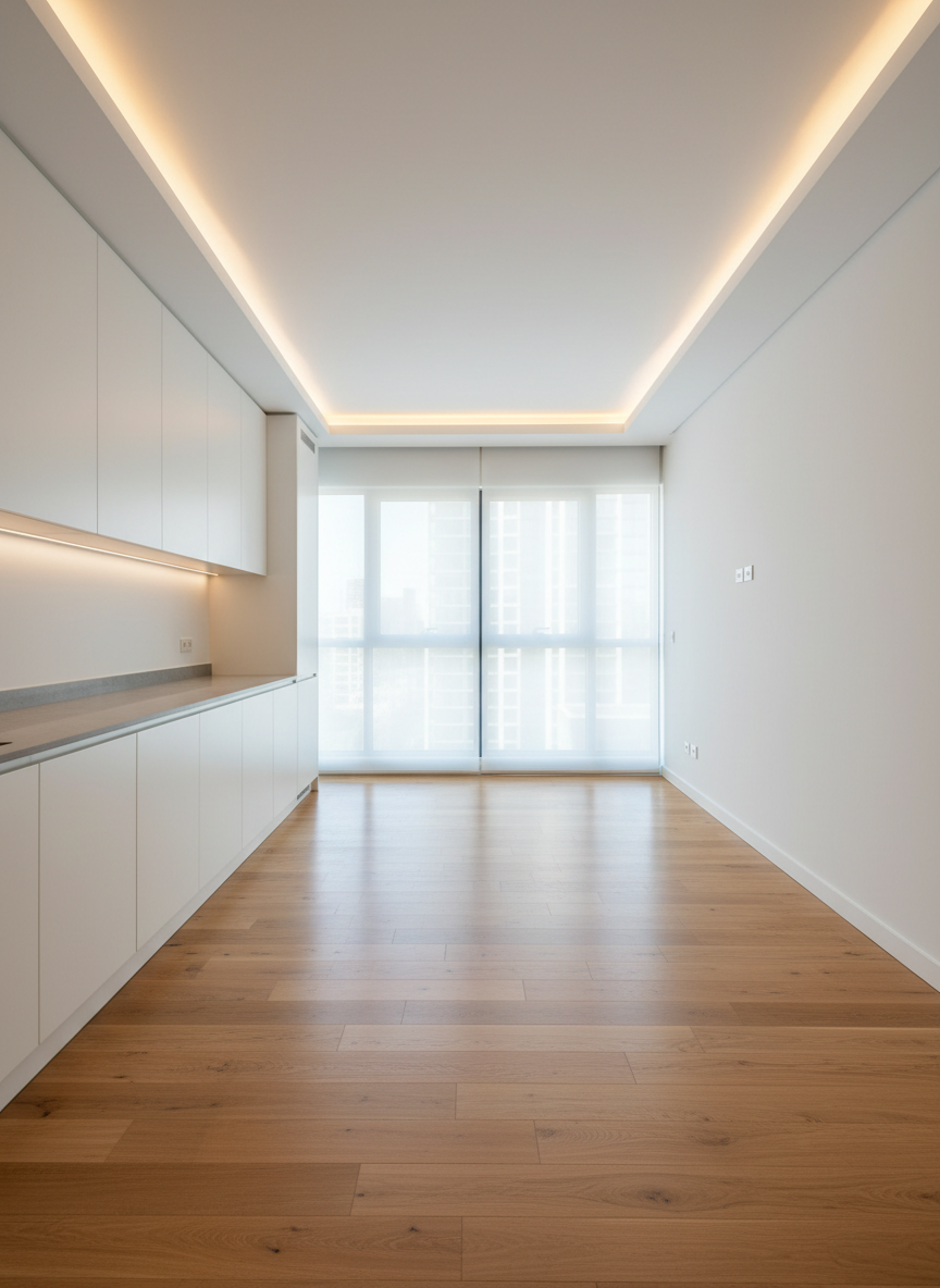 A meticulously finished modern apartment interior showcasing turnkey construction quality, with smooth white walls, perfectly aligned parquet flooring in warm oak tones, and crisp ceiling detailing with recessed LED strip lighting. Large double-glazed windows reveal a softly blurred cityscape, while sunlight diffuses through sheer roller blinds, creating gentle reflections on the satin-matte floor. Built-in cabinetry with flawless joinery lines one wall, featuring handleless white lacquer fronts and a precisely integrated grey stone countertop. Photographic realism, shot at eye level with a wide-angle lens, sharp focus throughout, clean and modern composition. The mood is professional, orderly, and reliable, conveying a sense of complete, ready-to-move-in craftsmanship without any furniture or personal items visible.