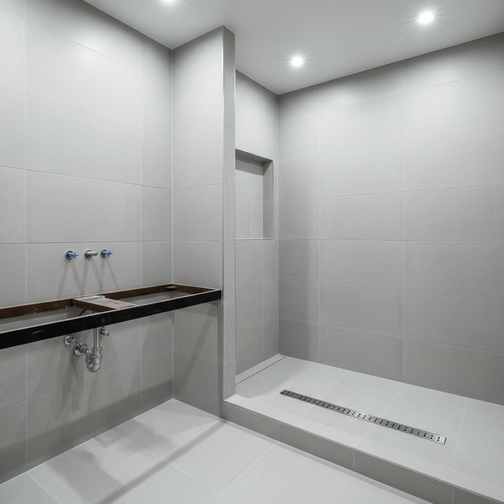 A high-end bathroom interior mid-renovation, showing a pristine, nearly finished space with large-format matte porcelain tiles in light grey covering the floor and walls. A built-in walk-in shower niche is precisely waterproofed and tiled, with linear stainless steel drainage perfectly aligned with the joints. A floating vanity base awaits its countertop, with plumbing neatly organized and capped. Cool, even LED work lighting from the ceiling illuminates every surface, revealing clean grout lines and flawless tile alignment. Photographic realism with an eye-level composition and deep depth of field, capturing every detail clearly. The mood is professional and technical, evoking trust in meticulous turnkey renovation work without any tools or workers present, only the nearly completed, spotless environment.
