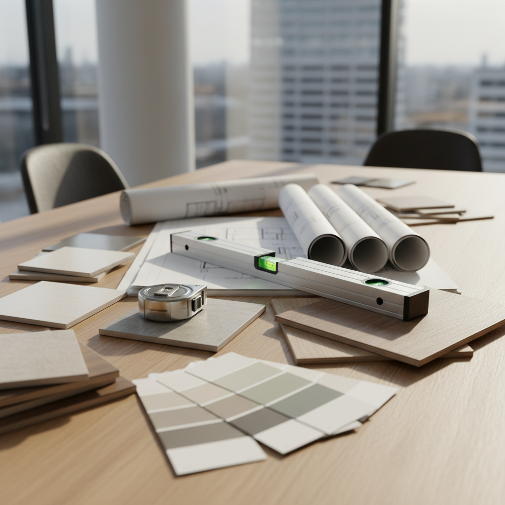 A professional contractor’s meeting table scene without people, featuring neatly arranged architectural blueprints, a high-quality metal tape measure, a precision spirit level with bright green vials, and material samples including ceramic tile pieces, laminate flooring planks, and paint color swatches in neutral tones. Everything rests on a smooth, light oak tabletop in a bright, modern office with large windows in the softly blurred background. Late-morning natural light enters from the left, creating clean, soft shadows and subtle highlights on metallic surfaces. Photographic realism at a slightly elevated angle, with selective focus on the central tools and drawings. The mood is organized, reliable, and solution-oriented, reflecting a construction company that offers comprehensive planning, contracting, and turnkey renovation services.