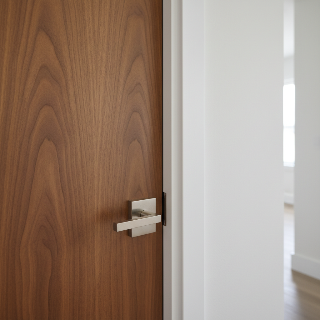 A detailed close-up of a premium interior door installation in a modern flat, focusing on the junction between the solid-core door leaf in warm walnut veneer, the sharp-edged white MDF casing, and the flawlessly finished plastered wall. The brushed stainless steel concealed hinges are perfectly aligned, and the minimalistic square keyless handle sits on a perfectly level plane. Soft, diffused natural light from a nearby window grazes the surfaces, revealing subtle wood grain texture and satin paint finish without harsh shadows. Photographic realism, shot from a slightly angled, close-up perspective with shallow depth of field, keeping the junction area crisp while the corridor beyond gently blurs. The atmosphere is calm and precise, emphasizing craftsmanship and attention to detail typical of turnkey construction and interior decoration services.