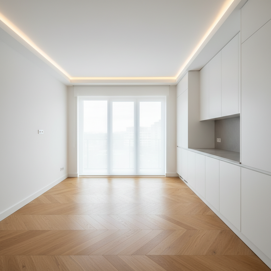 A meticulously finished modern apartment interior showcasing turnkey construction quality, with smooth white walls, perfectly aligned parquet flooring in warm oak tones, and crisp ceiling detailing with recessed LED strip lighting. Large double-glazed windows reveal a softly blurred cityscape, while sunlight diffuses through sheer roller blinds, creating gentle reflections on the satin-matte floor. Built-in cabinetry with flawless joinery lines one wall, featuring handleless white lacquer fronts and a precisely integrated grey stone countertop. Photographic realism, shot at eye level with a wide-angle lens, sharp focus throughout, clean and modern composition. The mood is professional, orderly, and reliable, conveying a sense of complete, ready-to-move-in craftsmanship without any furniture or personal items visible.