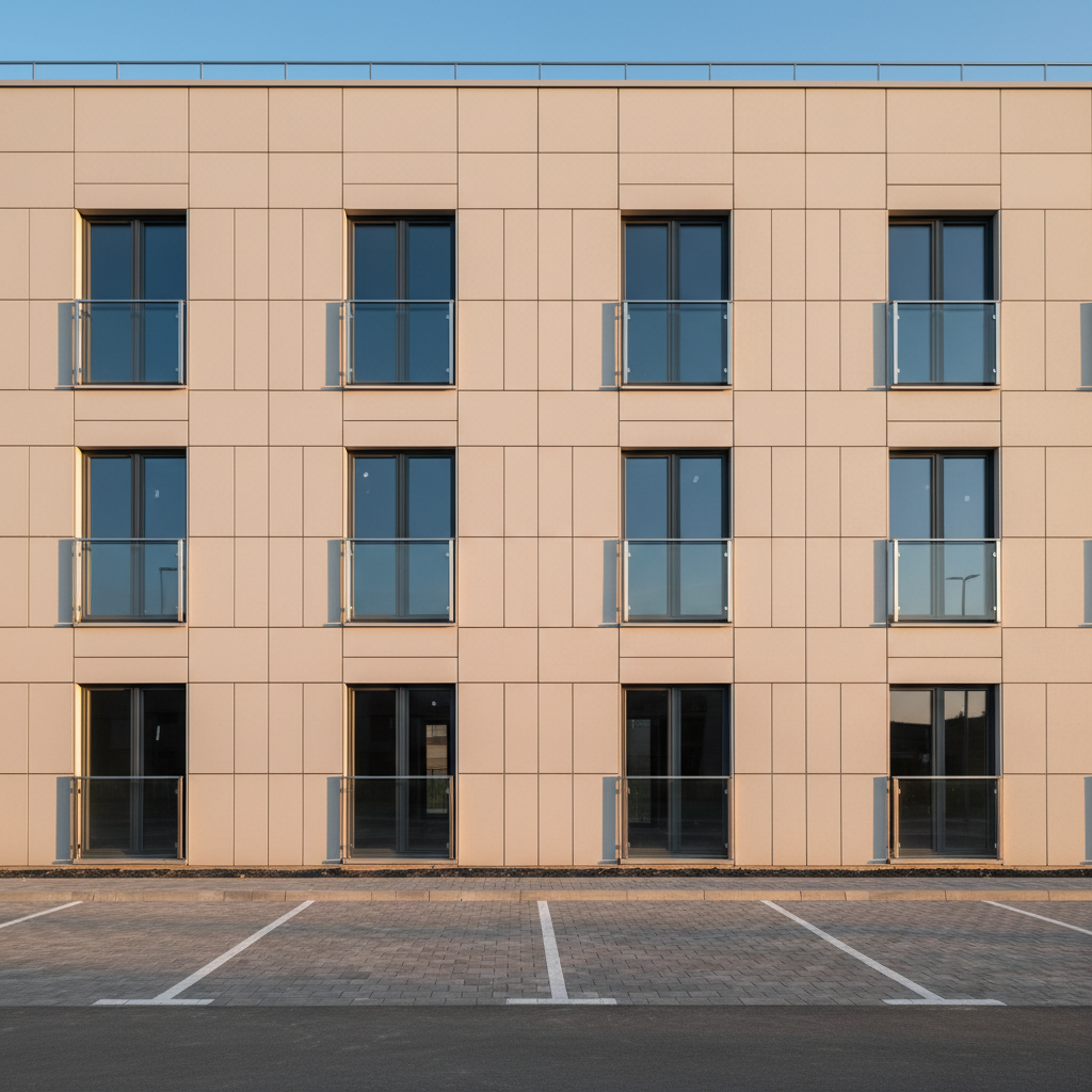 A newly completed multi-storey residential building façade constructed by a professional contractor, featuring light beige composite cladding, dark anthracite aluminum window frames, and glass balcony railings with stainless steel details. The structure stands on a clean, paved sidewalk with freshly marked parking bays in front. Late afternoon natural light casts soft, elongated shadows, highlighting the precision of the vertical and horizontal lines. The sky is clear with a subtle gradient from light blue to pale gold. Captured from a slightly low-angle perspective in photographic realism, with sharp focus and balanced framing to emphasize solidity and symmetry. The atmosphere is trustworthy, modern, and efficient, representing high-quality urban construction and turnkey delivery standards.